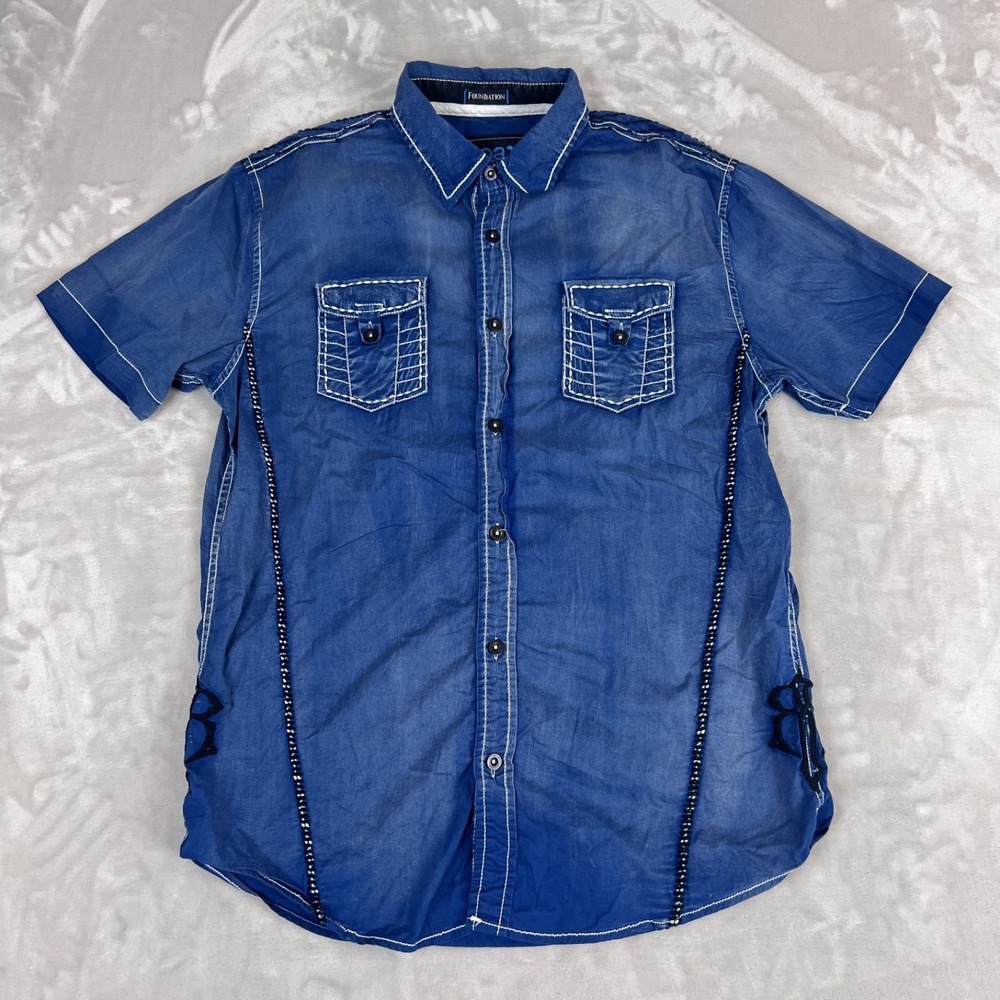 Roar Shirt Mens Medium Blue Foundation Button Up Western Contrast Stitch Y2K